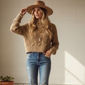 House of Harlow 1960 x REVOLVE Dreamer Tan Cable Knit Fuzzy Sweater Medium NWT